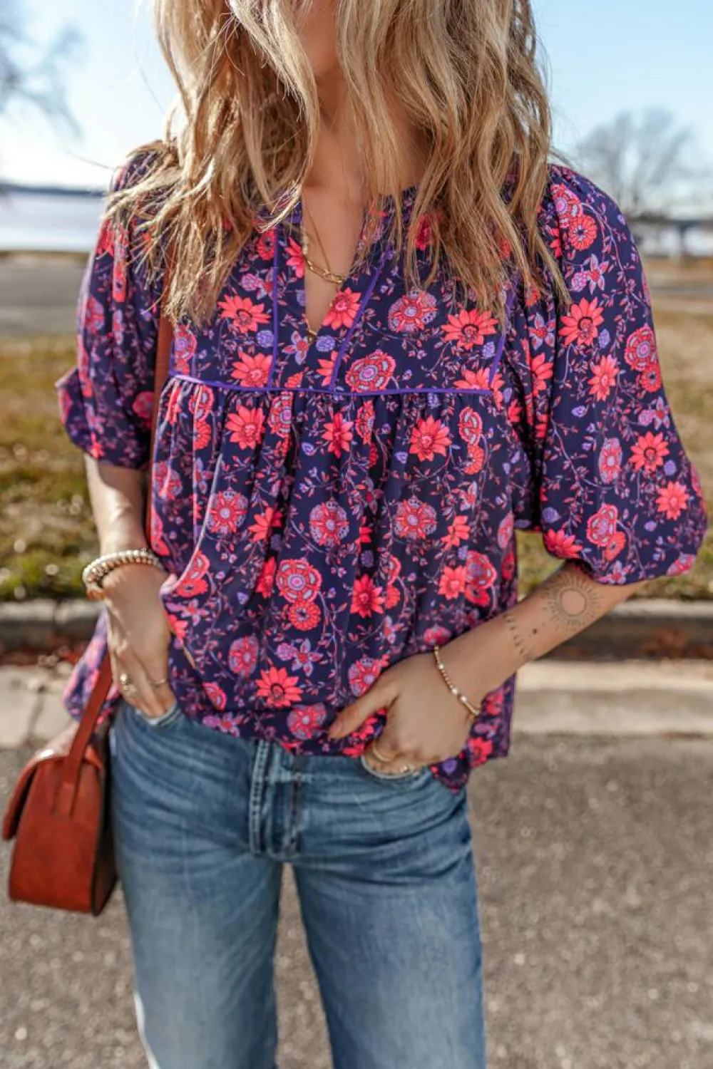 Hot Dear-Lover Floral Half Sleeve Split Neck Blouse Top Purple