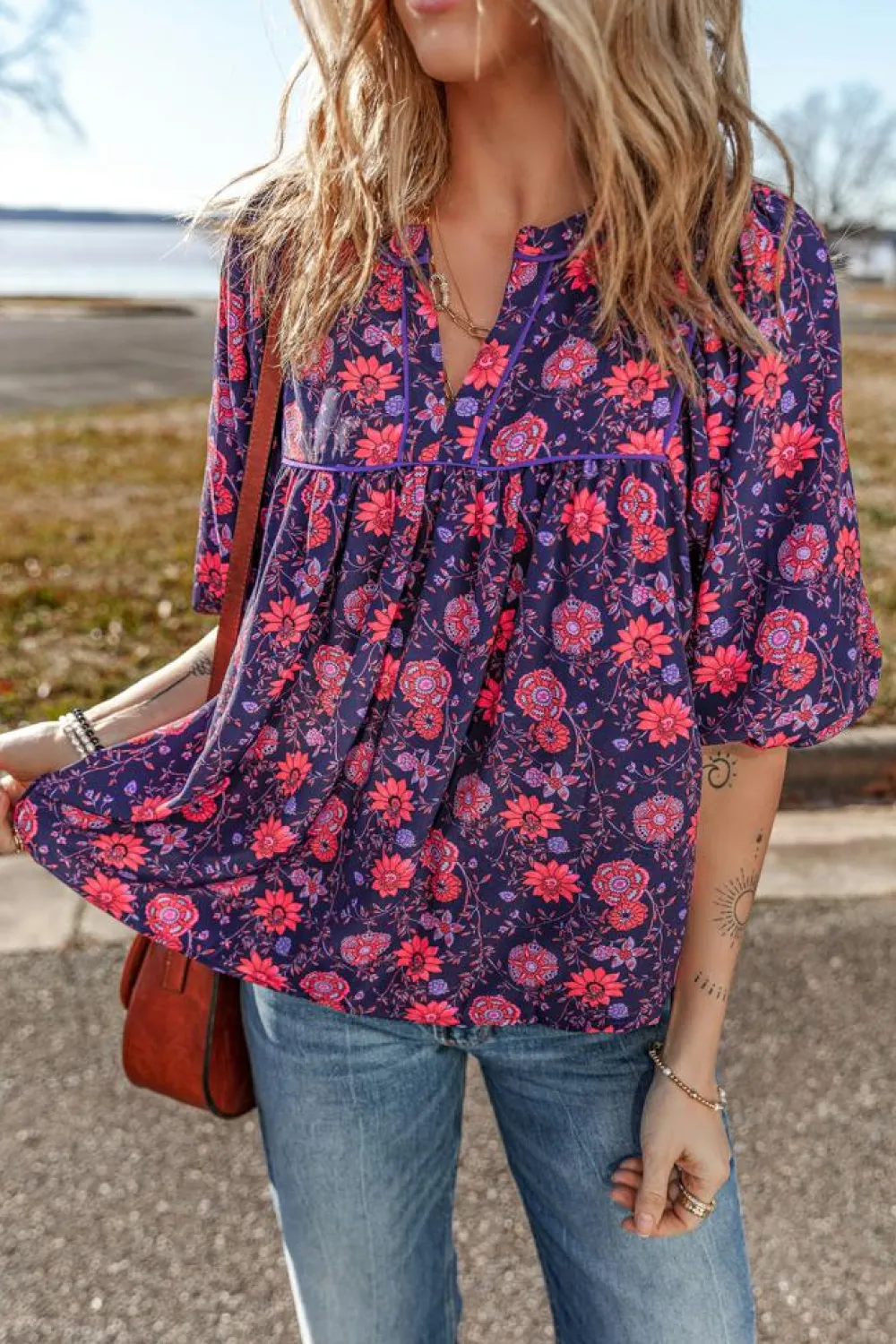 Hot Dear-Lover Floral Half Sleeve Split Neck Blouse Top Purple