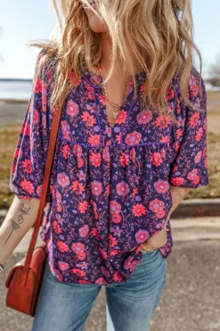 Hot Dear-Lover Floral Half Sleeve Split Neck Blouse Top Purple