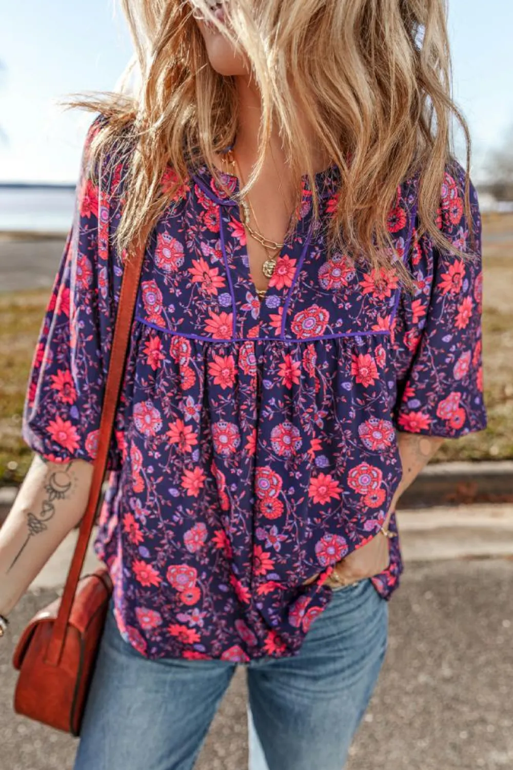 Hot Dear-Lover Floral Half Sleeve Split Neck Blouse Top Purple