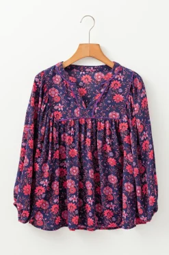 Hot Dear-Lover Floral Half Sleeve Split Neck Blouse Top Purple