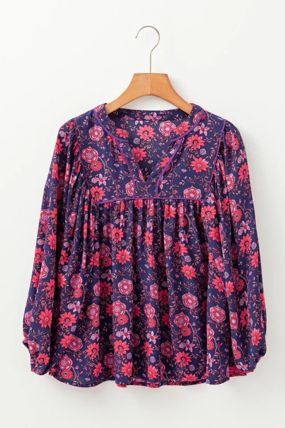 Hot Dear-Lover Floral Half Sleeve Split Neck Blouse Top Purple