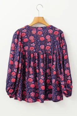 Hot Dear-Lover Floral Half Sleeve Split Neck Blouse Top Purple