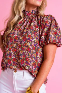 Outlet Dear-Lover Floral Print Knotted High Neck Puff Sleeve Blouse Purple