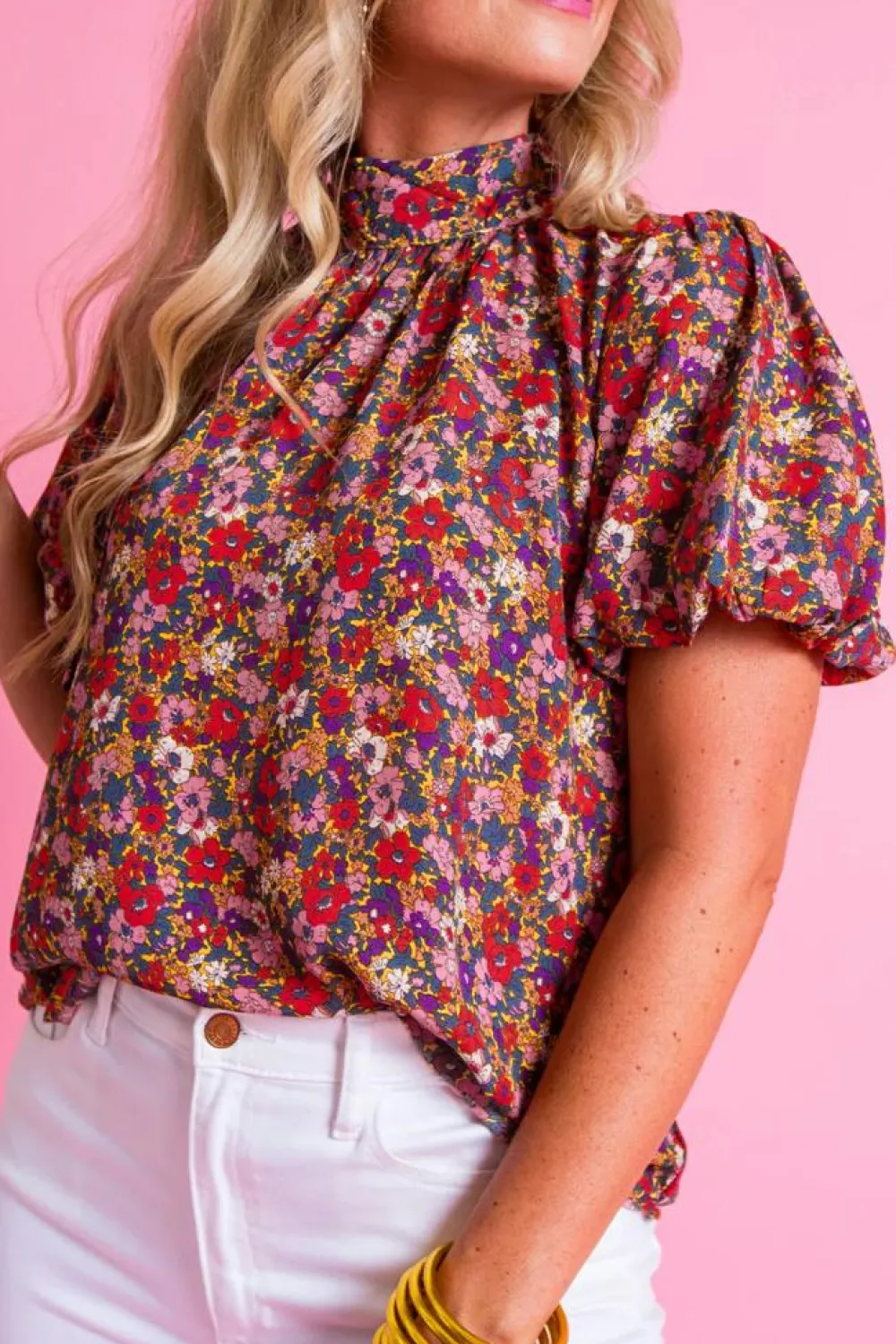 Outlet Dear-Lover Floral Print Knotted High Neck Puff Sleeve Blouse Purple