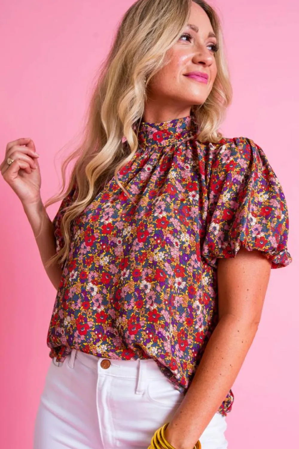 Outlet Dear-Lover Floral Print Knotted High Neck Puff Sleeve Blouse Purple