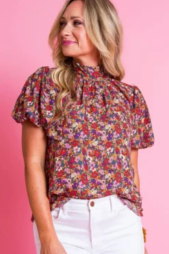 Outlet Dear-Lover Floral Print Knotted High Neck Puff Sleeve Blouse Purple