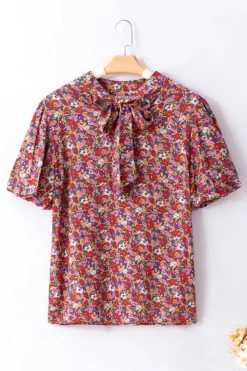 Outlet Dear-Lover Floral Print Knotted High Neck Puff Sleeve Blouse Purple