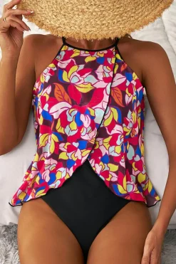 New Dear-Lover Floral Print O Neck Open Back One Piece Swimsuit Purple