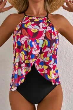 New Dear-Lover Floral Print O Neck Open Back One Piece Swimsuit Purple