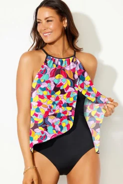 New Dear-Lover Floral Print O Neck Open Back One Piece Swimsuit Purple