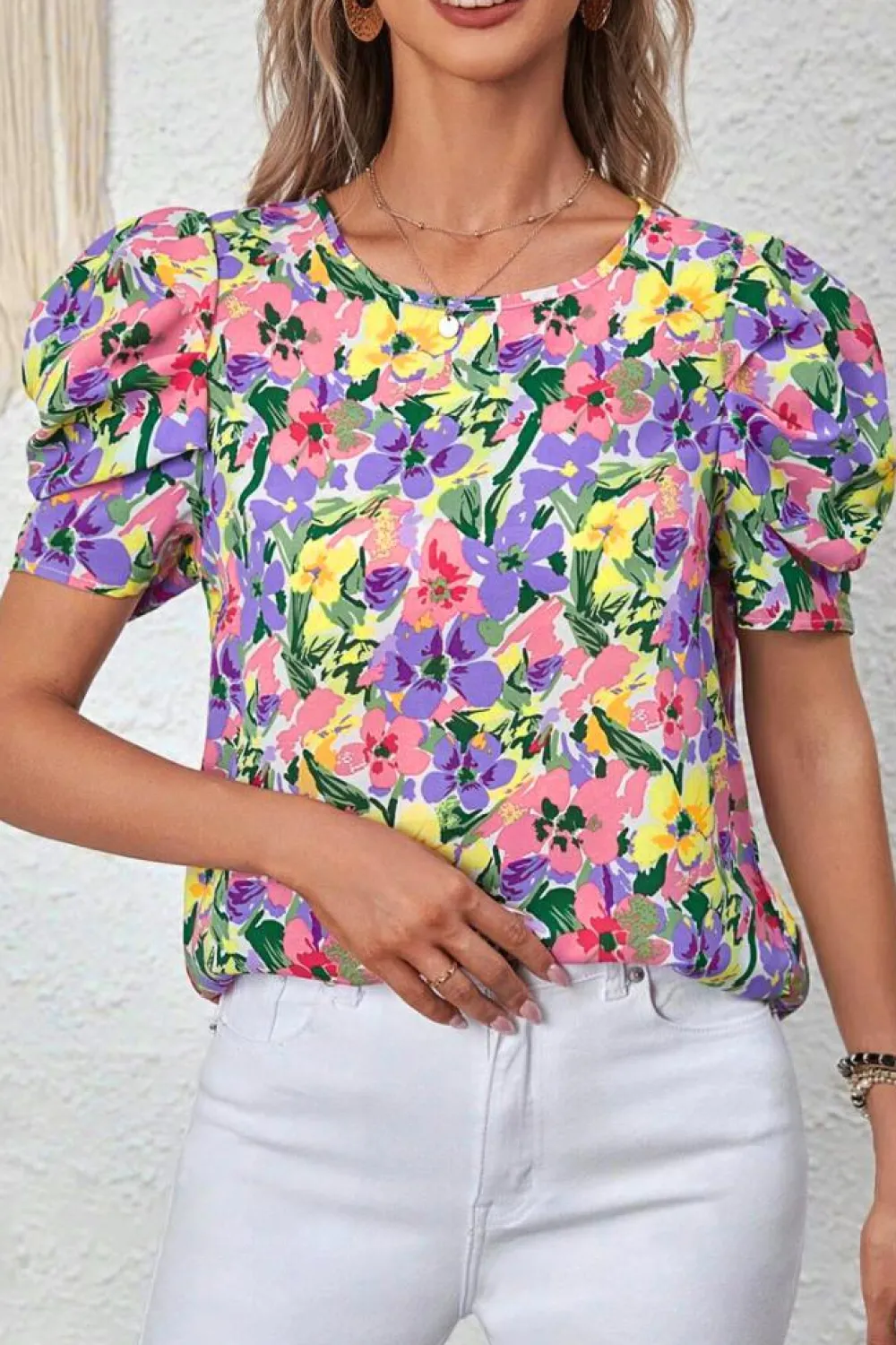 Fashion Dear-Lover Floral Print Puff Short Sleeve Crew Neck Blouse Purple