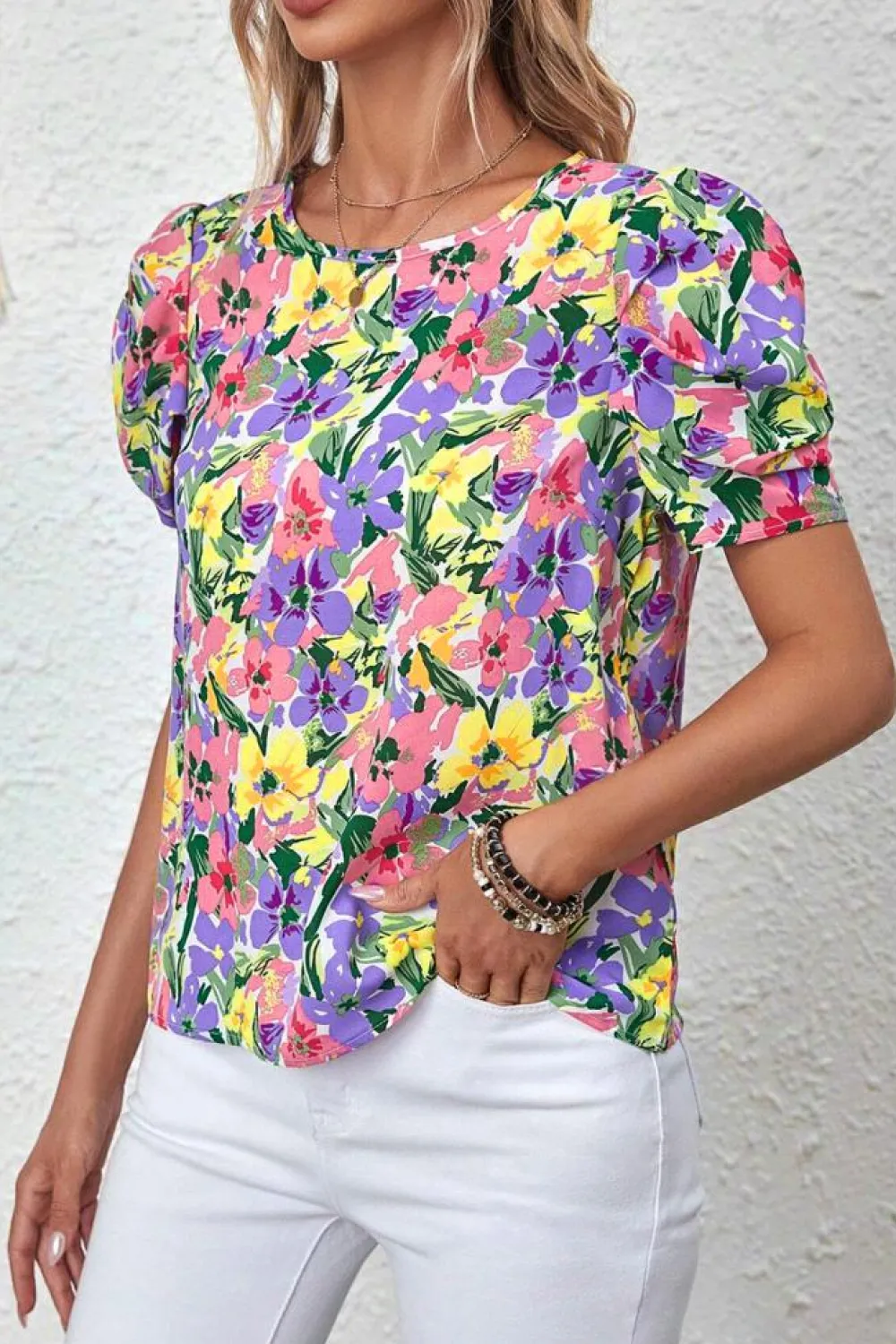Fashion Dear-Lover Floral Print Puff Short Sleeve Crew Neck Blouse Purple