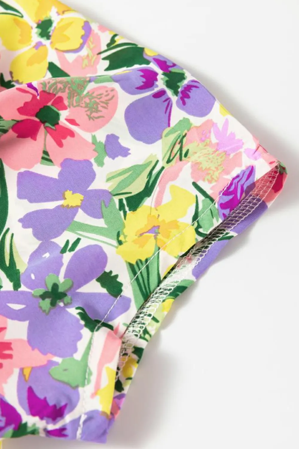 Fashion Dear-Lover Floral Print Puff Short Sleeve Crew Neck Blouse Purple