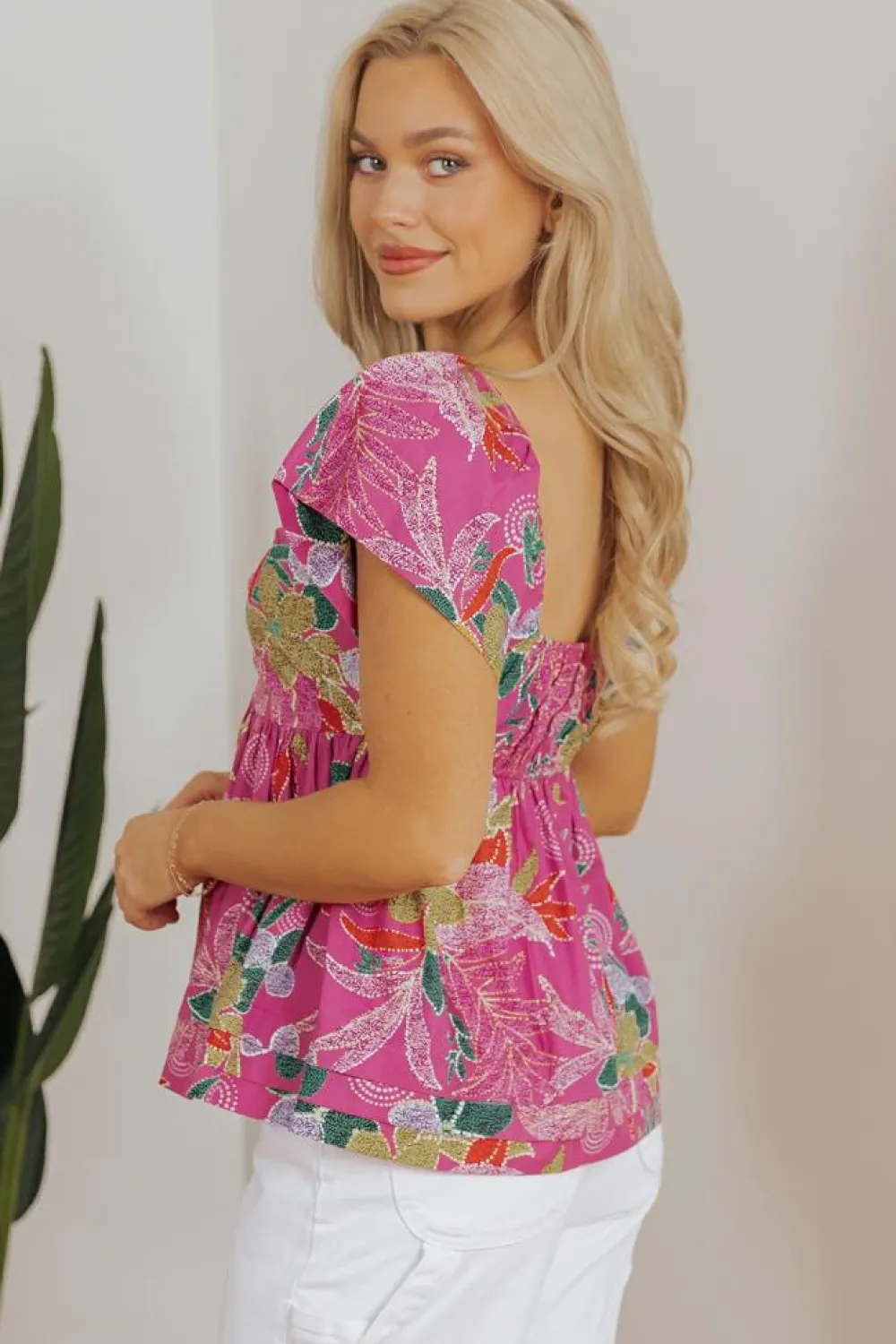 New Dear-Lover Floral Print Sweetheart Neck Flutter Sleeve Blouse Purple