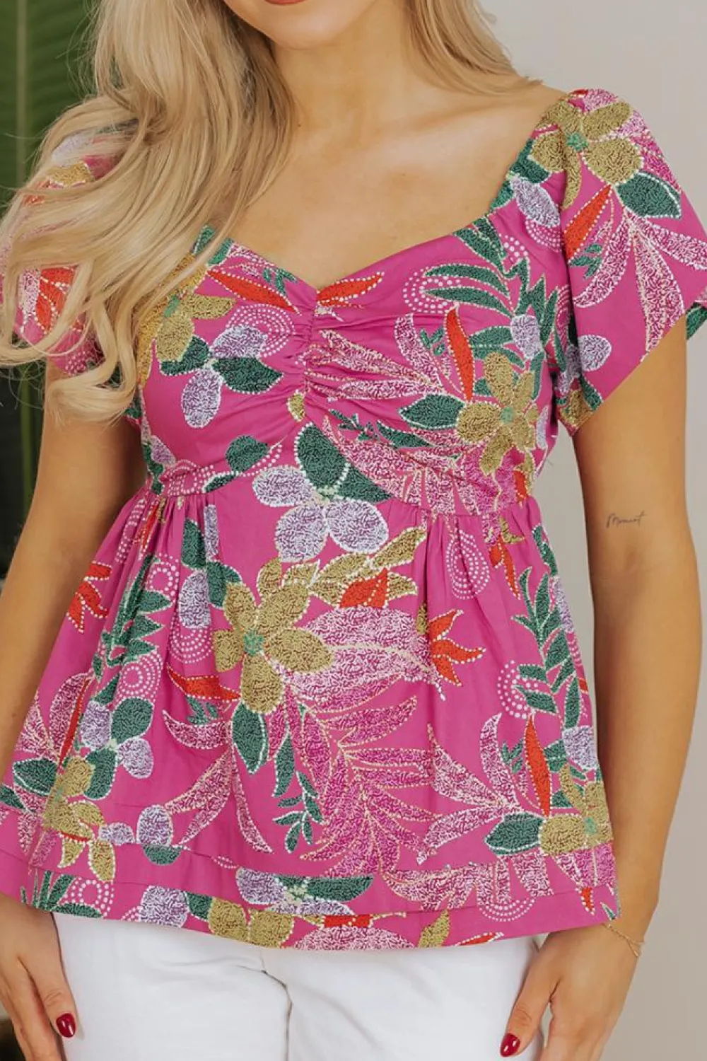 New Dear-Lover Floral Print Sweetheart Neck Flutter Sleeve Blouse Purple