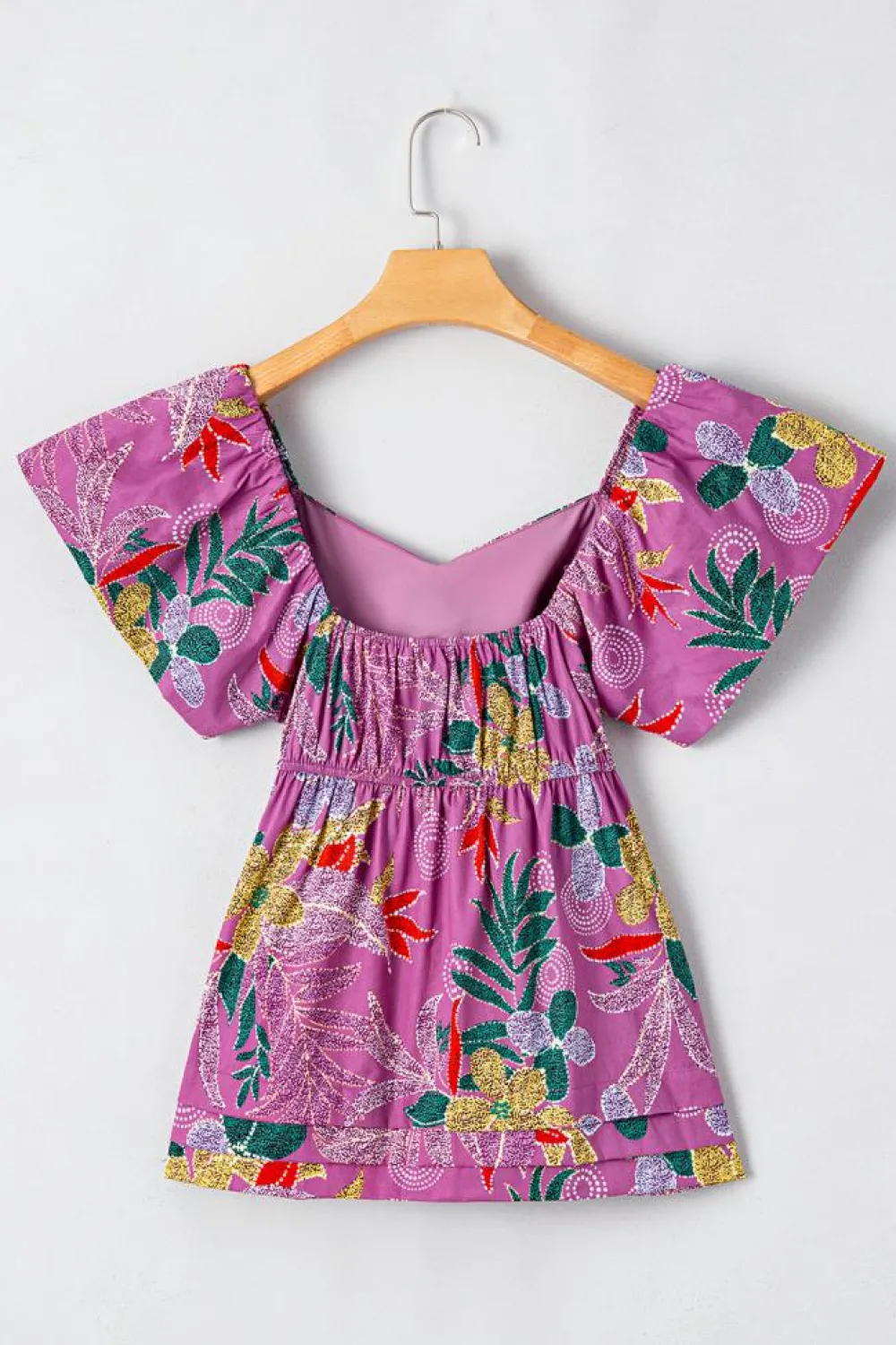 New Dear-Lover Floral Print Sweetheart Neck Flutter Sleeve Blouse Purple