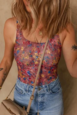 New Dear-Lover Floral Printed Mesh U Neck Sleeveless Bodysuit Purple
