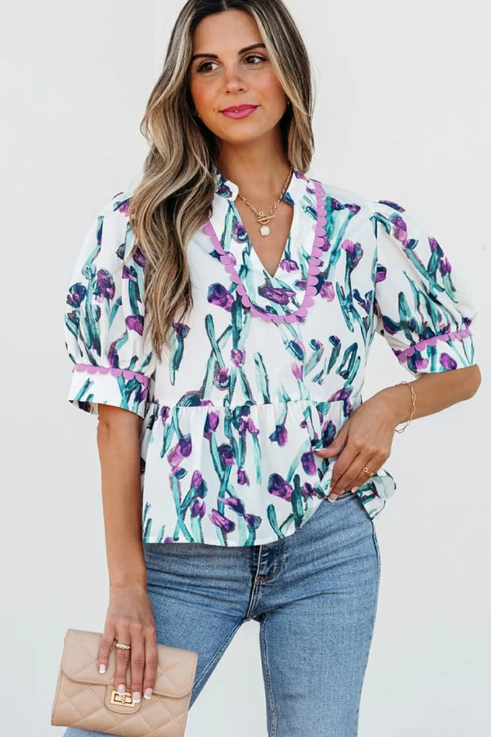 New Dear-Lover Floral Ricrac Trim Half Sleeve Peplum Top Purple