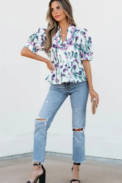 New Dear-Lover Floral Ricrac Trim Half Sleeve Peplum Top Purple
