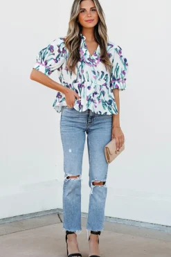 New Dear-Lover Floral Ricrac Trim Half Sleeve Peplum Top Purple
