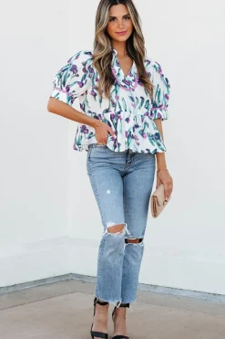 New Dear-Lover Floral Ricrac Trim Half Sleeve Peplum Top Purple