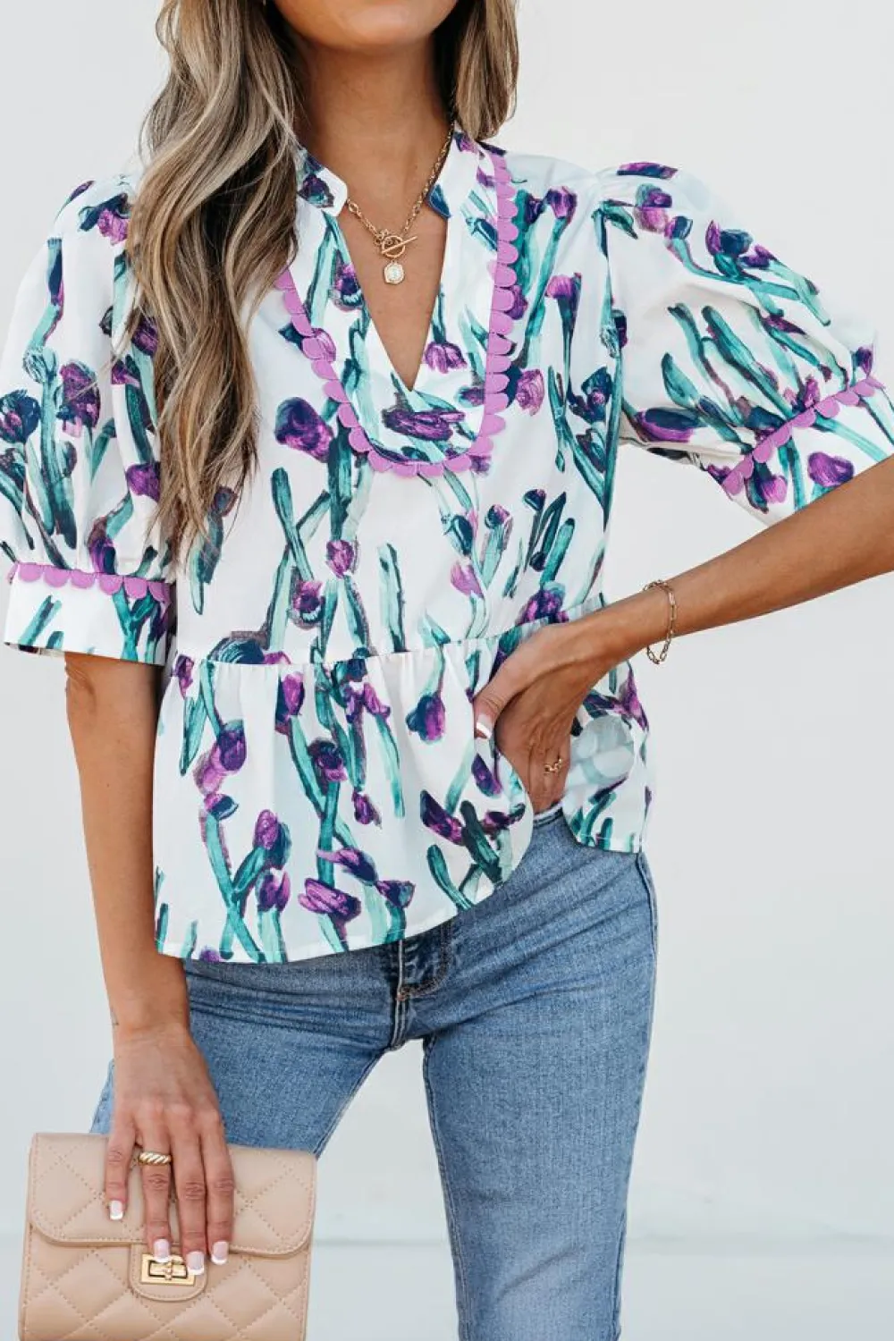 New Dear-Lover Floral Ricrac Trim Half Sleeve Peplum Top Purple