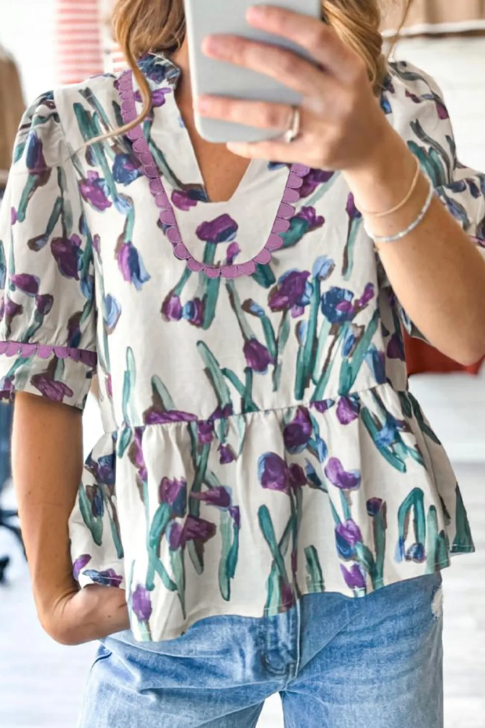 New Dear-Lover Floral Ricrac Trim Half Sleeve Peplum Top Purple