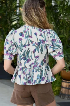 New Dear-Lover Floral Ricrac Trim Half Sleeve Peplum Top Purple