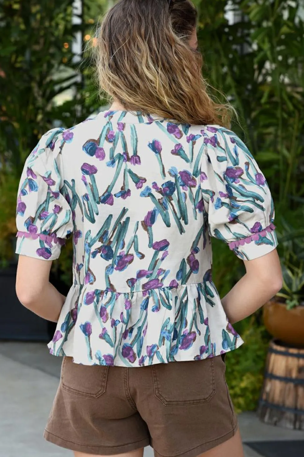New Dear-Lover Floral Ricrac Trim Half Sleeve Peplum Top Purple