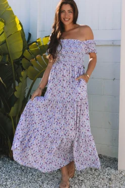Fashion Dear-Lover Floral Short Bubble Sleeve Shirred High Waist Maxi Dress Purple