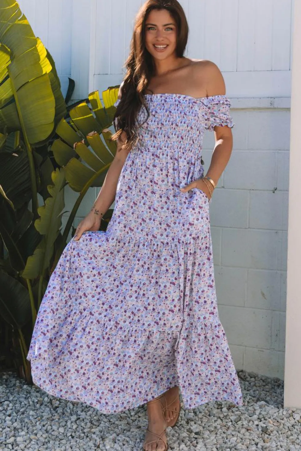 Fashion Dear-Lover Floral Short Bubble Sleeve Shirred High Waist Maxi Dress Purple