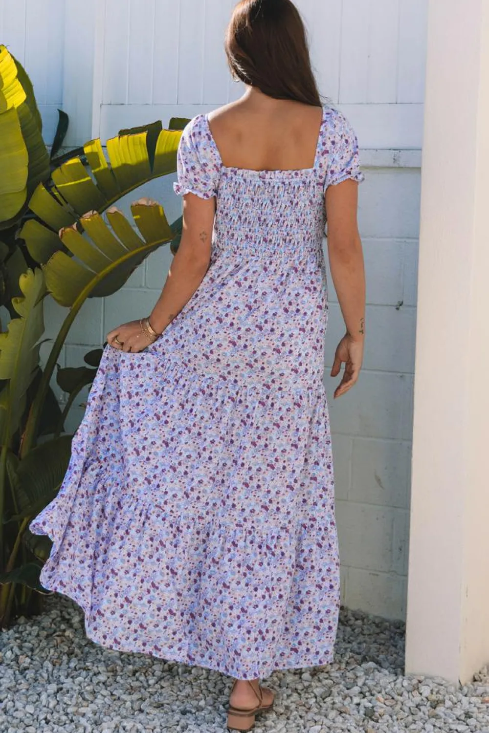 Fashion Dear-Lover Floral Short Bubble Sleeve Shirred High Waist Maxi Dress Purple