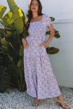 Fashion Dear-Lover Floral Short Bubble Sleeve Shirred High Waist Maxi Dress Purple