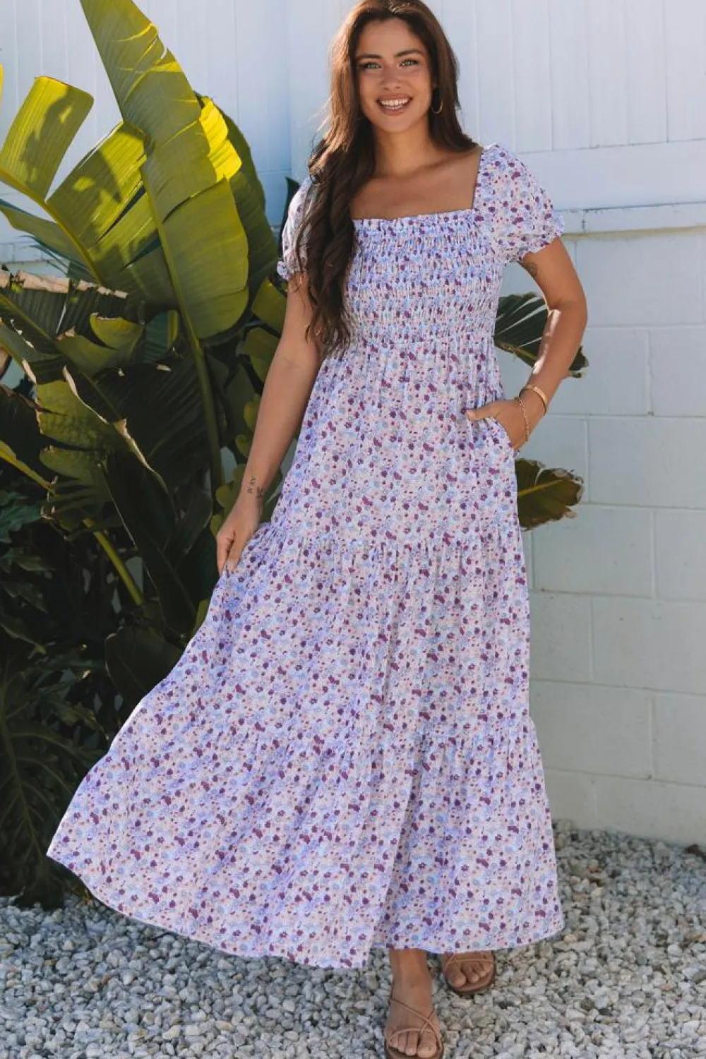 Fashion Dear-Lover Floral Short Bubble Sleeve Shirred High Waist Maxi Dress Purple