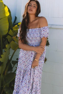 Fashion Dear-Lover Floral Short Bubble Sleeve Shirred High Waist Maxi Dress Purple