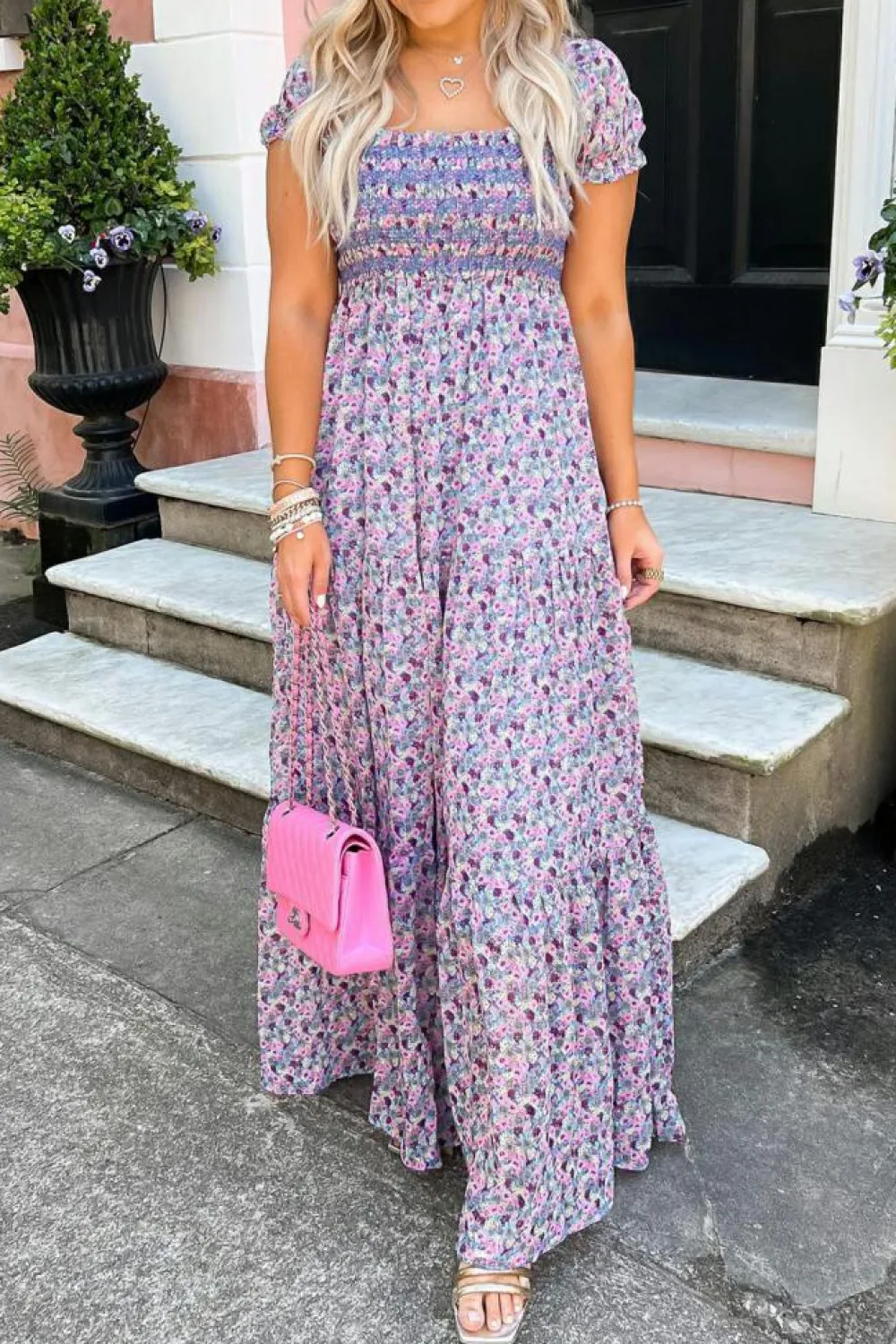 Fashion Dear-Lover Floral Short Bubble Sleeve Shirred High Waist Maxi Dress Purple