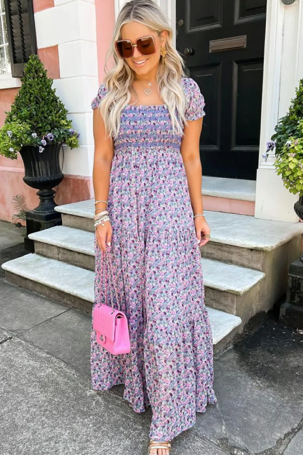 Fashion Dear-Lover Floral Short Bubble Sleeve Shirred High Waist Maxi Dress Purple