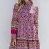 Discount Dear-Lover Floral Smocked Puff Sleeve High Neck Mini Dress Purple