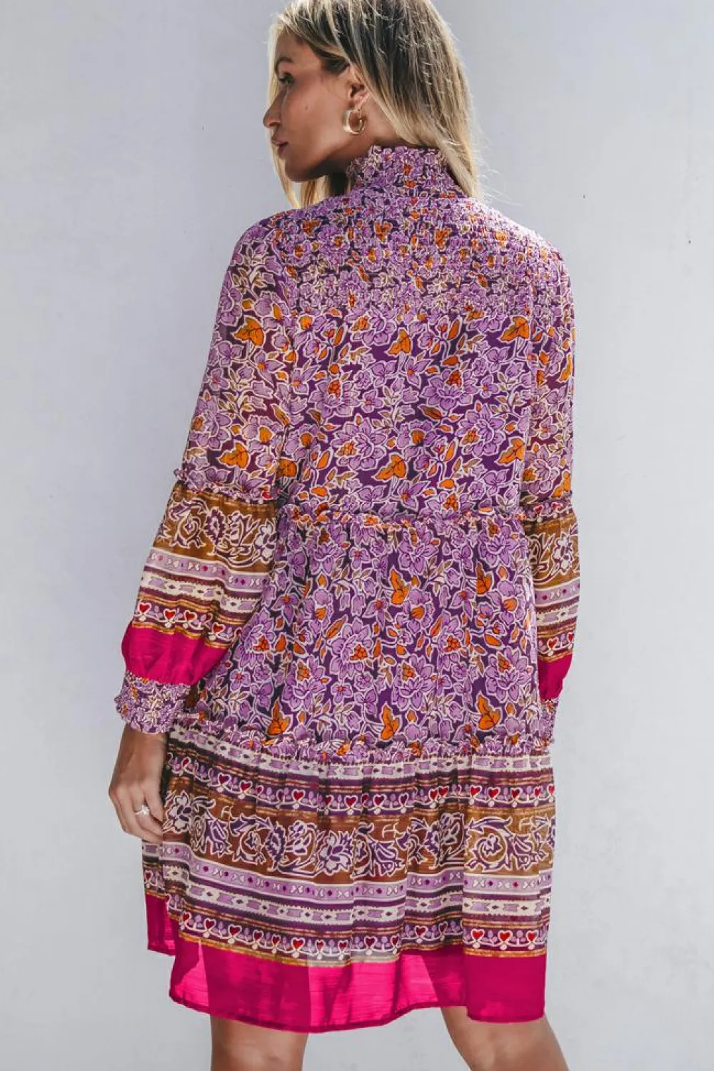 Discount Dear-Lover Floral Smocked Puff Sleeve High Neck Mini Dress Purple