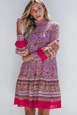 Discount Dear-Lover Floral Smocked Puff Sleeve High Neck Mini Dress Purple