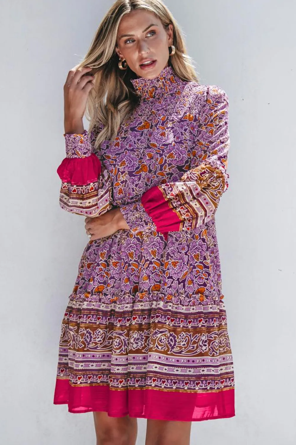 Discount Dear-Lover Floral Smocked Puff Sleeve High Neck Mini Dress Purple