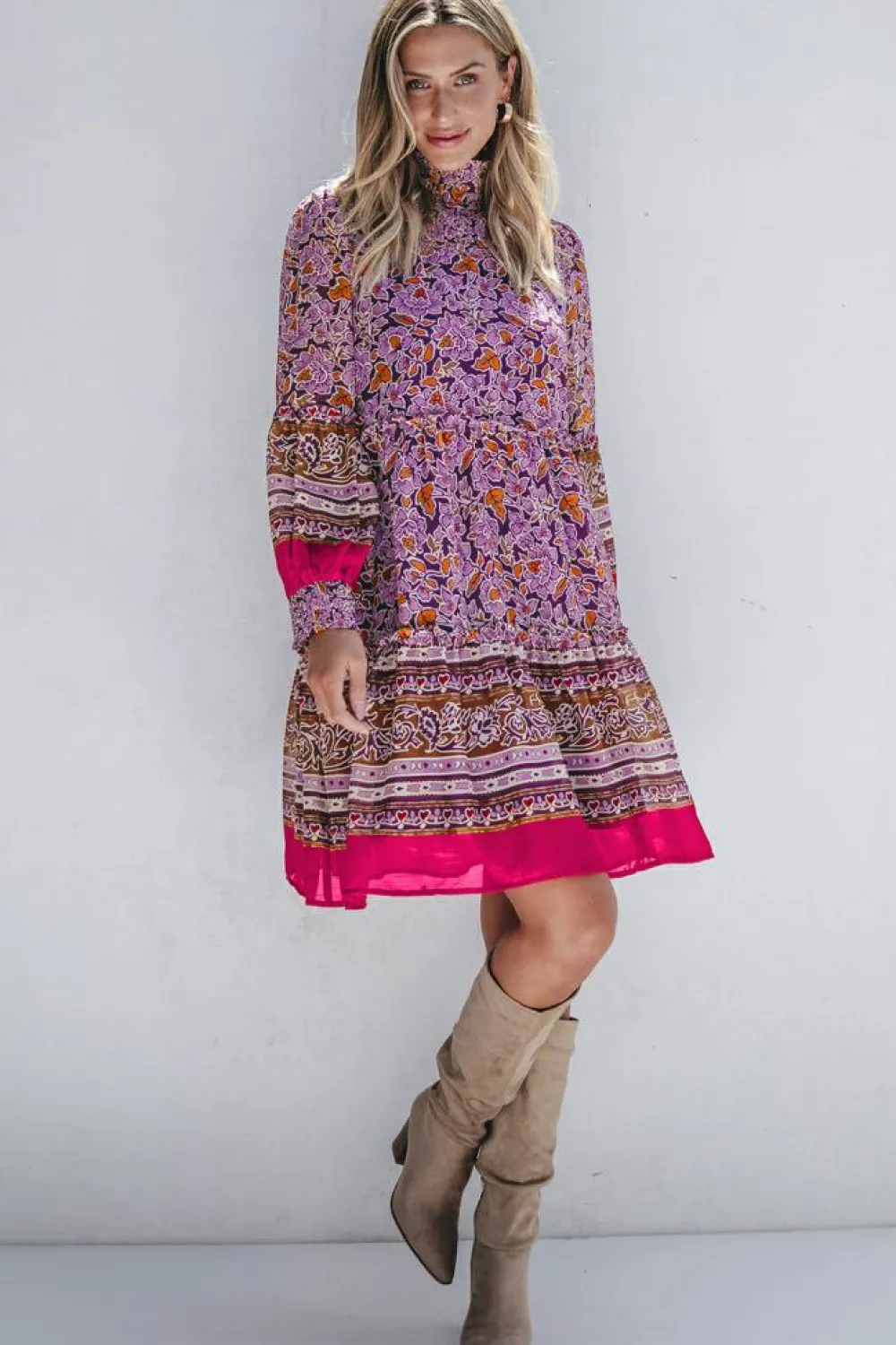 Discount Dear-Lover Floral Smocked Puff Sleeve High Neck Mini Dress Purple