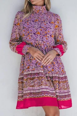 Discount Dear-Lover Floral Smocked Puff Sleeve High Neck Mini Dress Purple