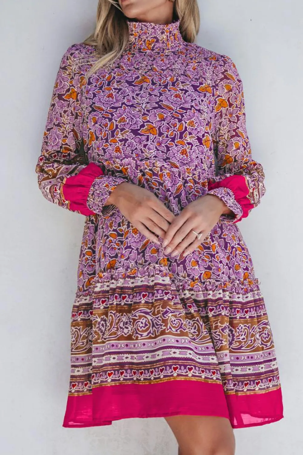 Discount Dear-Lover Floral Smocked Puff Sleeve High Neck Mini Dress Purple