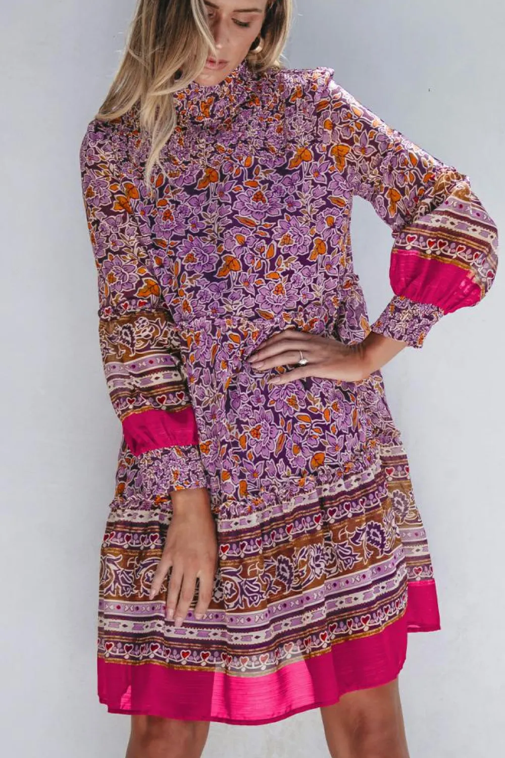 Discount Dear-Lover Floral Smocked Puff Sleeve High Neck Mini Dress Purple