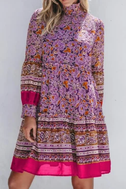 Discount Dear-Lover Floral Smocked Puff Sleeve High Neck Mini Dress Purple