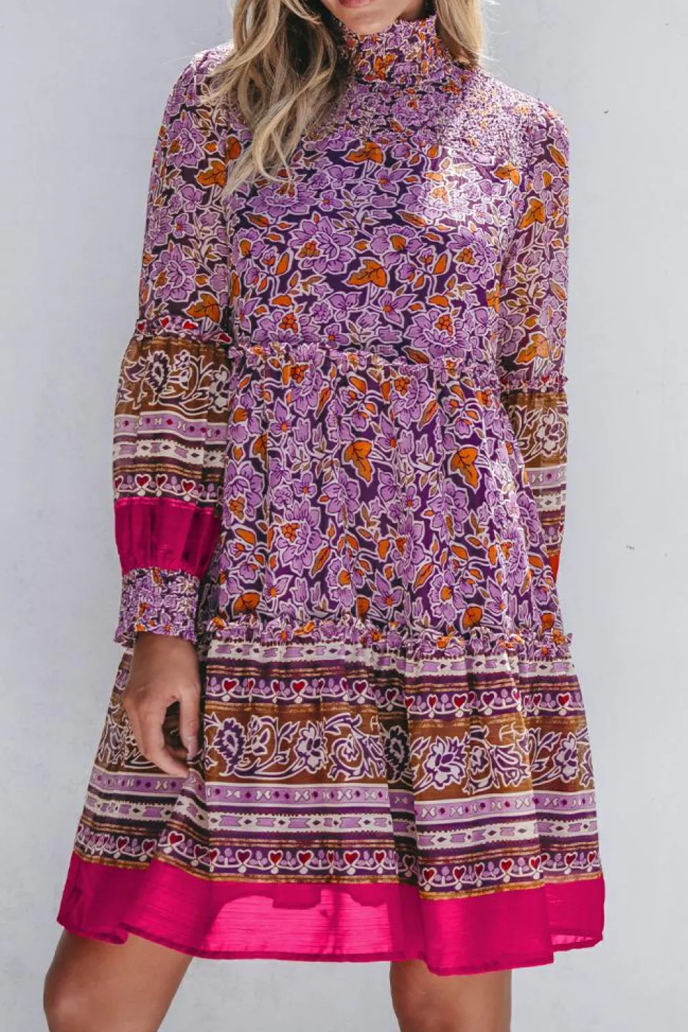 Discount Dear-Lover Floral Smocked Puff Sleeve High Neck Mini Dress Purple