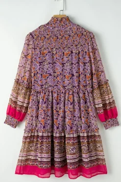 Discount Dear-Lover Floral Smocked Puff Sleeve High Neck Mini Dress Purple