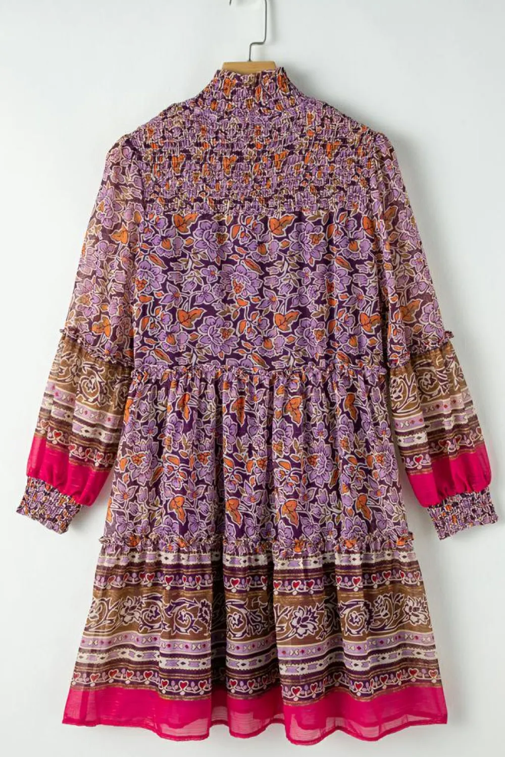 Discount Dear-Lover Floral Smocked Puff Sleeve High Neck Mini Dress Purple
